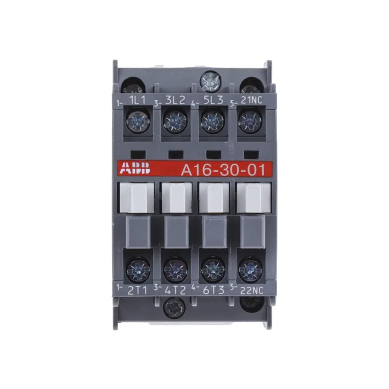 ABB A16-30-01 contactor, 3-pole, 16 A, with 24 V AC coil and 1 NC auxiliary contact.