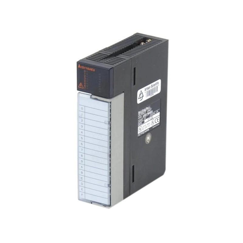 8-channel 24V DC sink output module compatible with A-series PLCs, UL certified.