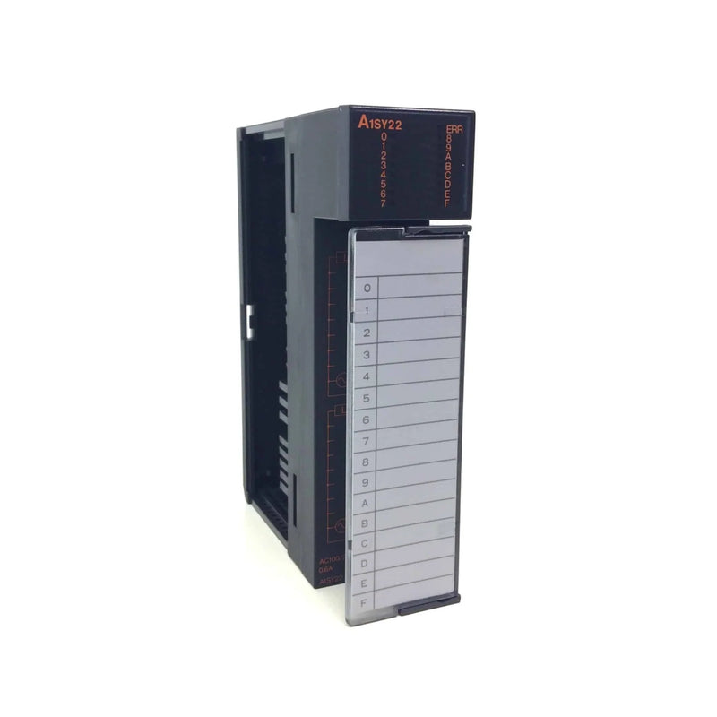 Mitsubishi A1SY22 with 16-point 24V DC sink output for A-series PLCs in industrial automation.