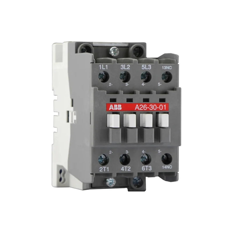 ABB A26-30-01 3-pole contactor, 26A, 24V AC coil, 1 NC auxiliary, for motor control and industrial switching applications.