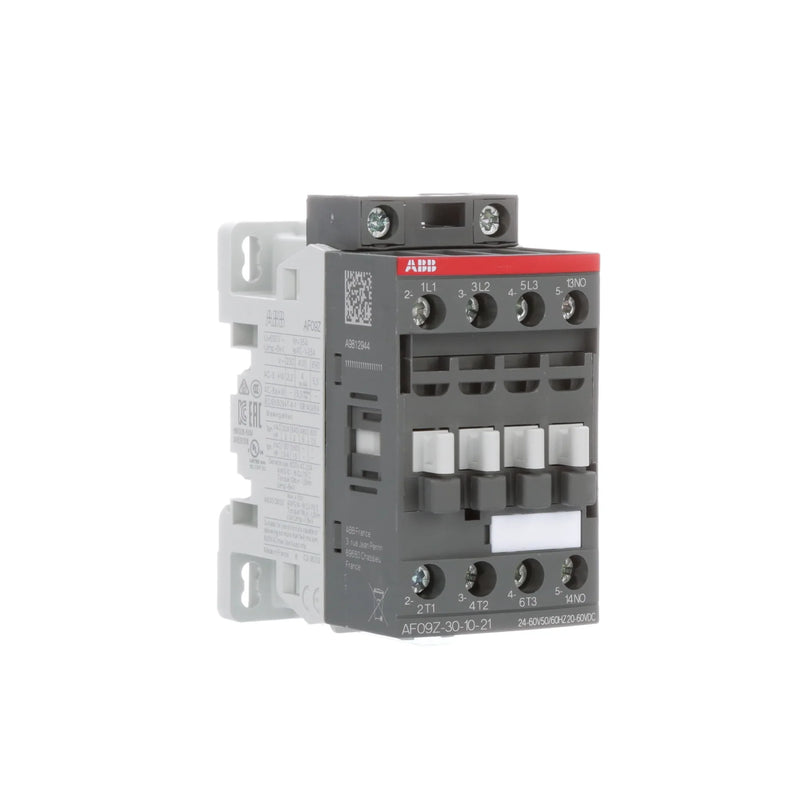 ABB AF09Z-30-10-21 contactor, 3 pole, 9 A, with 100–250 V AC/DC coil for motor control.