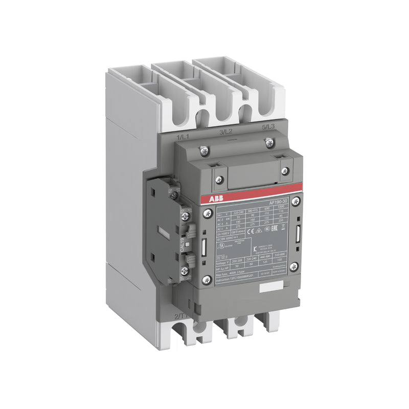ABB AF190-30-11-13 contactor, 3-pole, 190 A, wide-range 100–250 V coil, 1NO + 1NC.