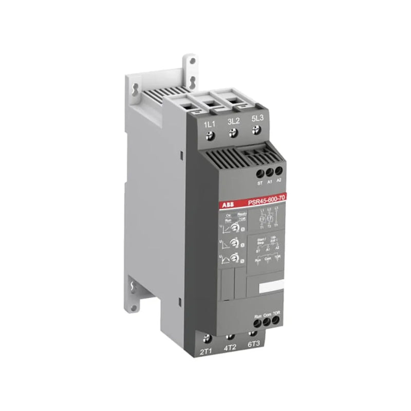 ABB PSR45-600-70 compact softstarter, 45 A, 208–600 V AC, with built-in bypass and adjustable ramp time. Ideal for pumps, fans, and conveyors.