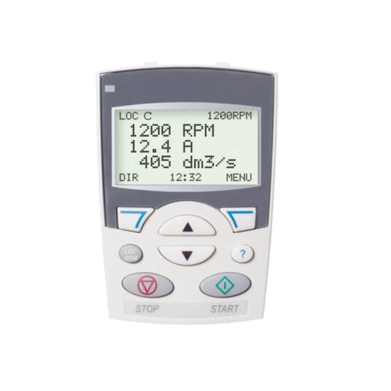 ABB ACS-CP-A control panel with LCD, navigation dial, IP54 front, for parameter setup and monitoring of ABB variable speed drives.