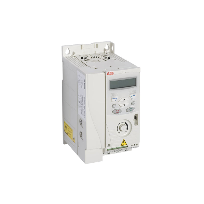 ABB ACS150-01E-09A8-2 AC drive, 2.2 kW, 240 V, IP20, with keypad and potentiometer for compact control.
