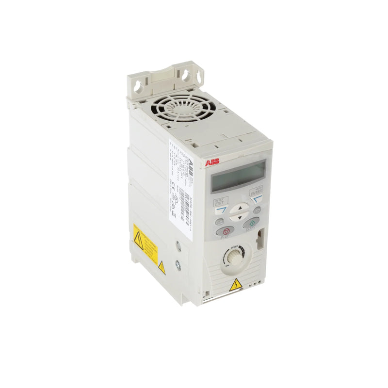 ABB ACS150-01U-09A8-2 AC drive, 2.2 kW, 3 HP, 1-phase, IP20, with scalar control, EMC filter, and potentiometer for basic motor applications.