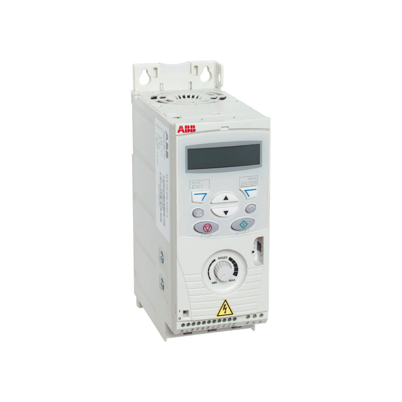 ABB ACS150-03E-03A3-4 AC drive, 0.75 kW, 3.3 A, 400 V, compact VFD with PID control and EMC filter.