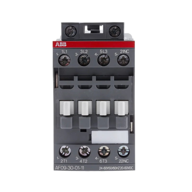 ABB AF09-30-01-11 contactor, 9 A, 3-pole, with 100–250 V AC/DC coil for motor control.