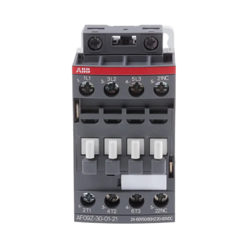 ABB AF09Z-30-01-21 contactor, 9 A, 24 V DC coil, 3-pole with 1 NC auxiliary contact.