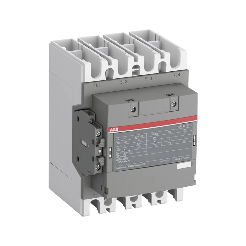 ABB AF190-40-11-13 contactor, 190A, 4-pole, 100–250V AC/DC coil, with 1 NO + 1 NC auxiliary for motor and industrial control.