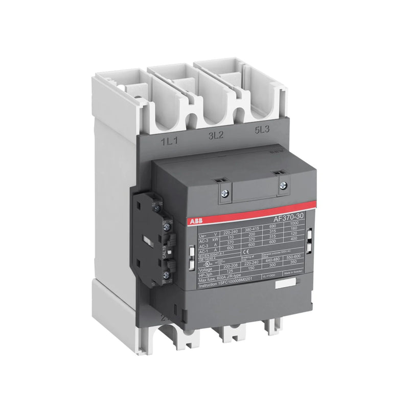 ABB AF370-30-11-13 contactor, 370A, 100–250V AC/DC coil, 3-pole with 1NO + 1NC aux, ideal for heavy industrial motor control.