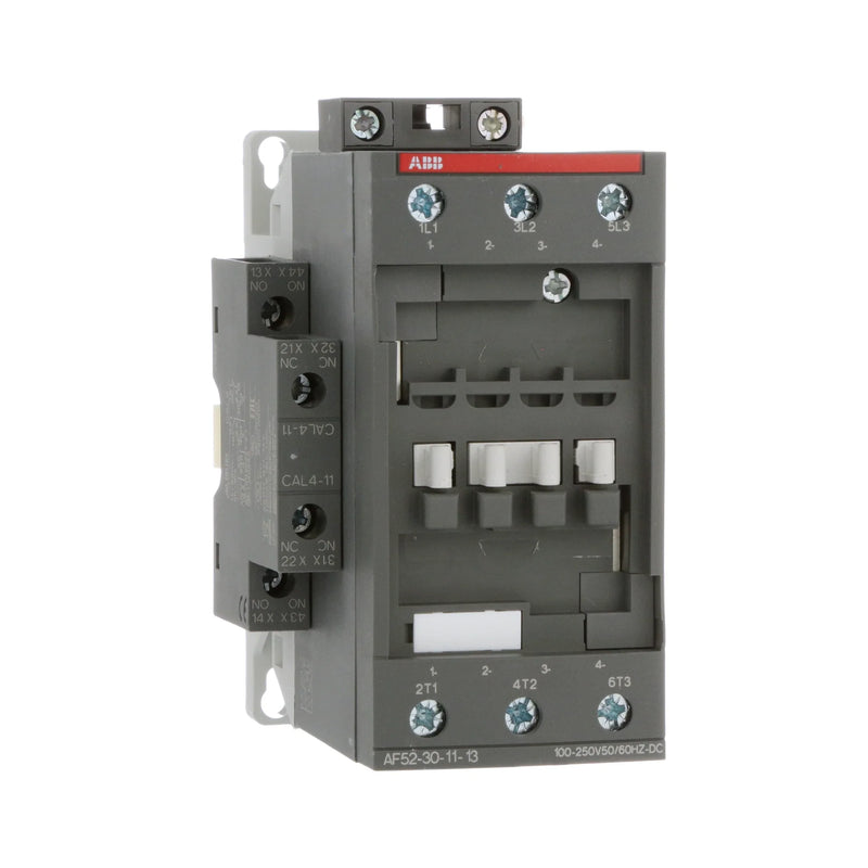 ABB AF52-30-11-13 contactor, 3 pole, 52 A, with 100–250 V AC/DC coil and dual auxiliary contacts.