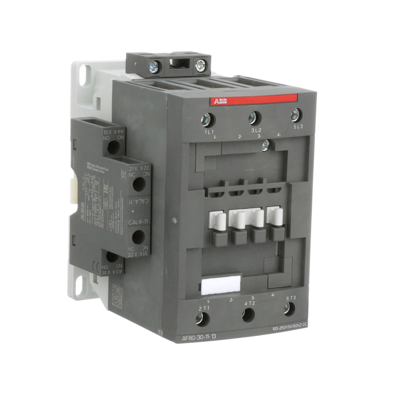 ABB AF80-30-11-13 contactor, 3-pole, 80 A, with 100–250 V AC/DC coil and auxiliary contacts.