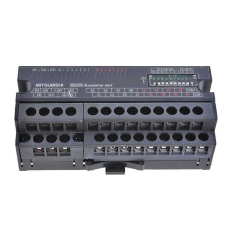 Mitsubishi AJ65SBTB1-16DT module, 8 inputs, 8 outputs, CC-Link compatible, compact design, DIN rail mount.