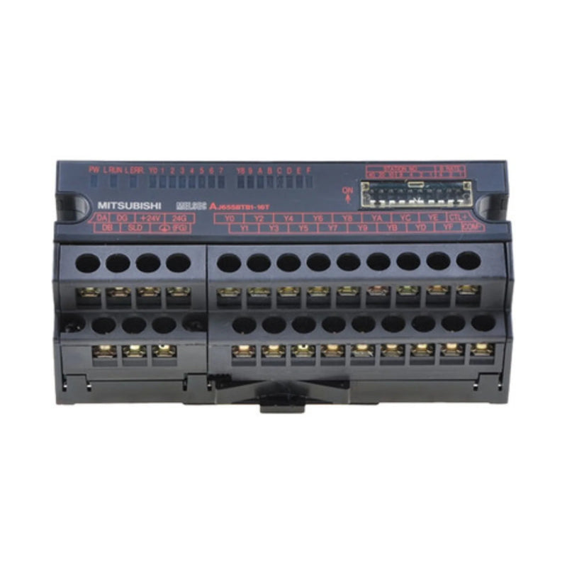 Mitsubishi AJ65SBTB1-16T output module, 16 outputs, 24V DC, CC-Link, compact for cabinets.