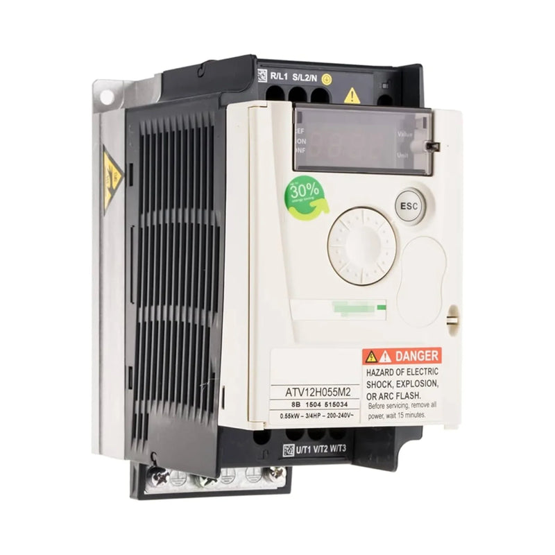 Schneider Electric ATV12H055M2 Altivar 12 variable speed drive, 0.55 kW (0.75 HP), 200–240V single-phase input, with heat sink and EMC filter.