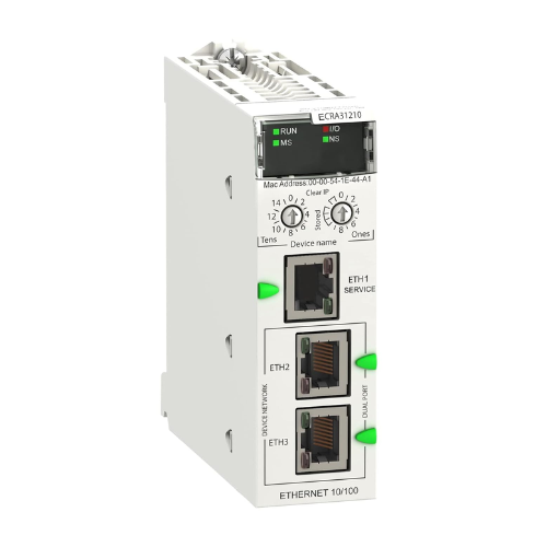 Schneider Electric BMECRA31210 remote I/O CRA module, 2 Ethernet ports, 24 V DC, DIN rail mount