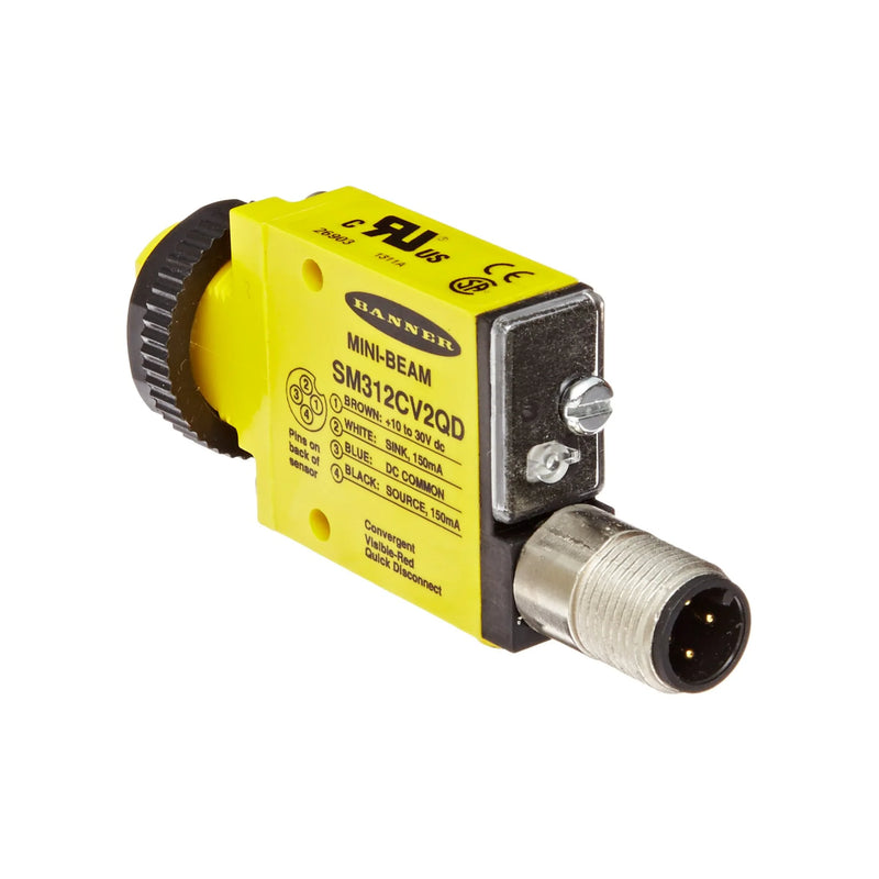 Compact Banner SM312CV2QD photoelectric sensor with 43 mm range for efficient industrial automation.
