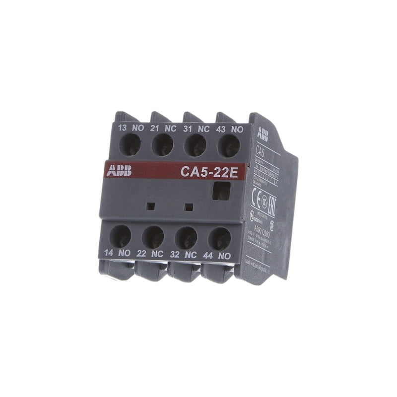ABB CA5-22E auxiliary contact block, 2NO + 2NC, 690 V AC, front-mounted snap-on block for AF contactor expansion.
