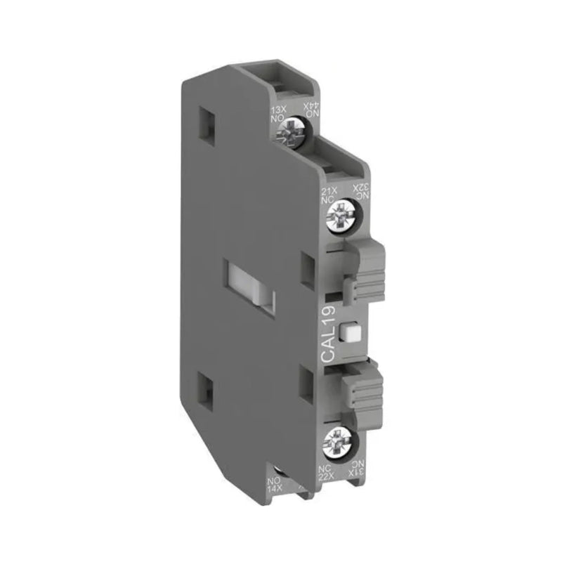 ABB CAL19-11 auxiliary contact block, 1NO + 1NC, front mounting, snap-on for A-line contactors, compact and durable.