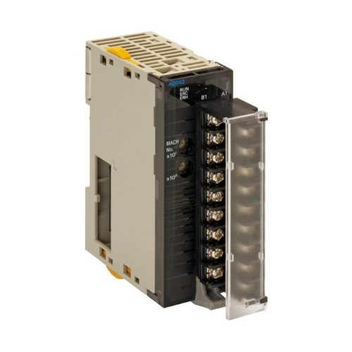 Omron CJ1W-AD041-V1 Analog Input Unit with 4 channels for voltage and current inputs, high-resolution conversion, compatible with CJ Series PLCs.