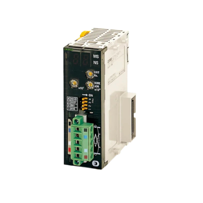 Omron CJ1W-DRM21 DeviceNet master/slave unit for CJ-series PLCs, enabling communication with distributed devices over DeviceNet.