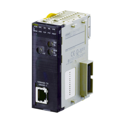 Omron CJ1W-ETN21 Ethernet communication module with 100Base-TX and TCP/IP support, enhancing CJ series PLCs with network connectivity.
