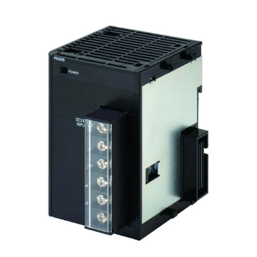 Omron CJ1W-PD025 power supply unit with 24V DC input and 5V 2.5A output. Compact design for CJ1 PLC systems. DIN or panel mount.
