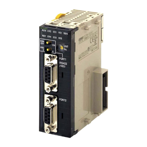 Omron CJ1W-SCU41-V1 serial communications unit with RS-232C and RS-422A/485 ports, enhancing CJ series PLCs with versatile serial connectivity.