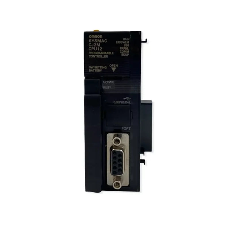 Omron CJ2M-CPU12 PLC CPU unit with 10K steps program capacity, RS-232C and USB ports, supporting 2,560 I/O points and 3 expansion racks.