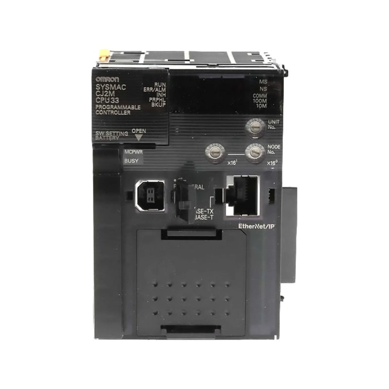 Omron CJ2M-CPU33 PLC CPU module with 20K steps, 2 serial ports, and USB. High-speed control for CJ2M automation systems. DIN rail mount.