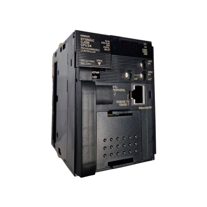 Omron CJ2M-CPU34 PLC CPU module with 30K steps, EtherNet/IP, and USB ports for high-speed, modular industrial automation control.
