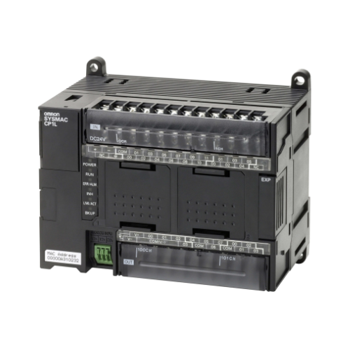 Omron CP1L-EM30DT1-D PLC with 18 digital inputs, 12 PNP transistor outputs, Ethernet port, and 24 VDC supply for versatile industrial automation.