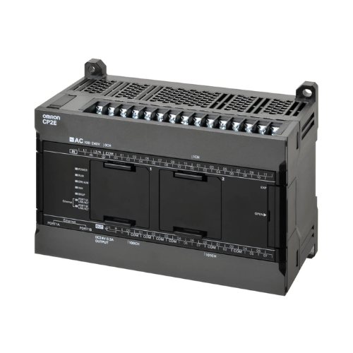 Omron CP2E-N40DT1-D compact PLC with 24 inputs, 16 PNP outputs, dual Ethernet ports, and advanced motion control for industrial automation.