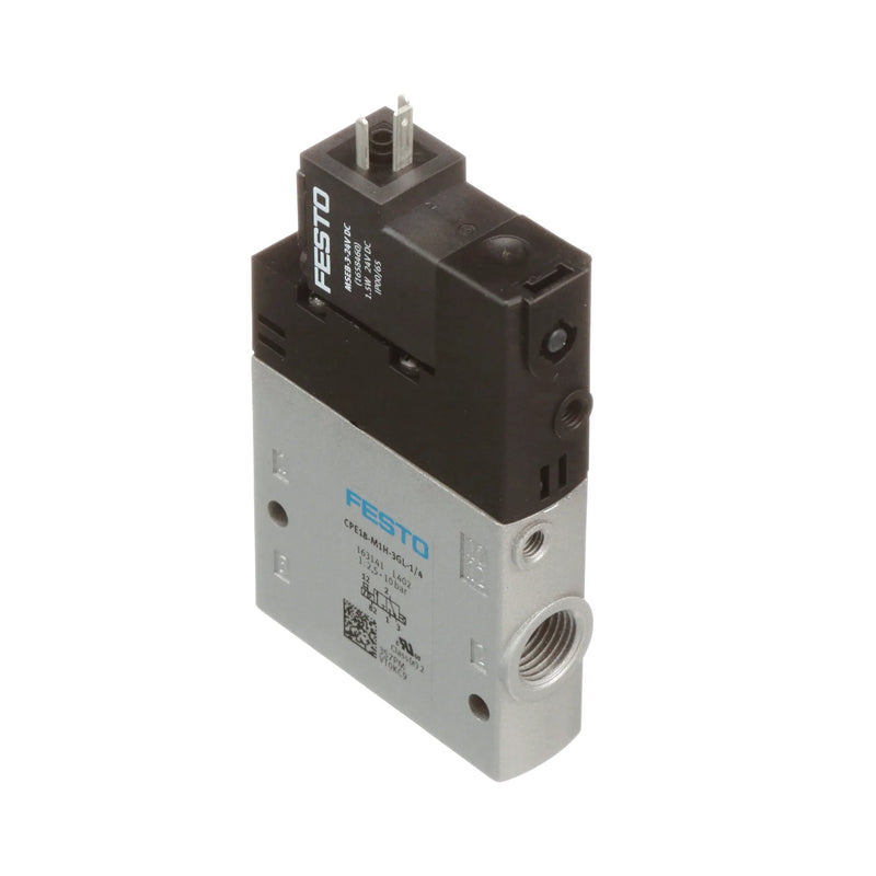 Festo CPE18-M1H-3GL-1/4 solenoid valve, 3/2-way, G 1/4 port, compact and reliable. Part no. 163141, GTIN 4052568012854.
