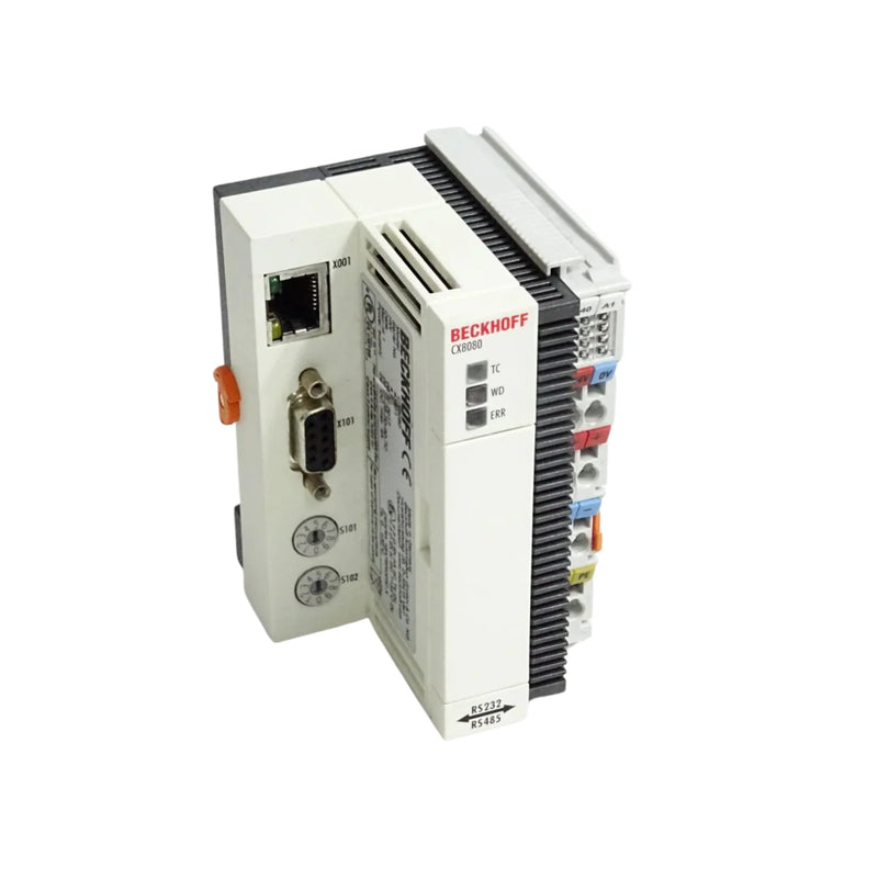 Beckhoff CX8080 embedded PC with ARM Cortex-A8, serial interfaces RS232/RS485, and modular I/O system connectivity.