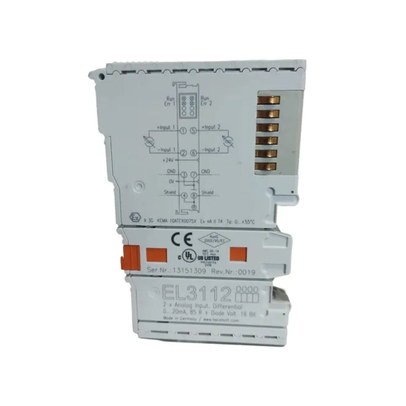 Beckhoff EL3112 analog input terminal, 2-channel, ±10 V, 12-bit resolution for industrial automation systems.