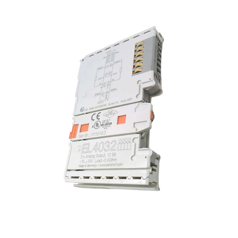 Beckhoff EL4032 analog output terminal, 2-channel, ±10 V, 12-bit resolution for industrial automation control.