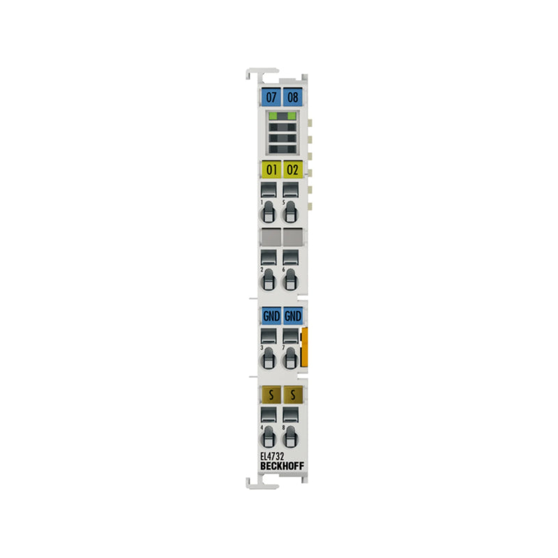Beckhoff EL4732 EtherCAT terminal, 2-channel ±10 V, 16-bit analog output for precise industrial automation control.