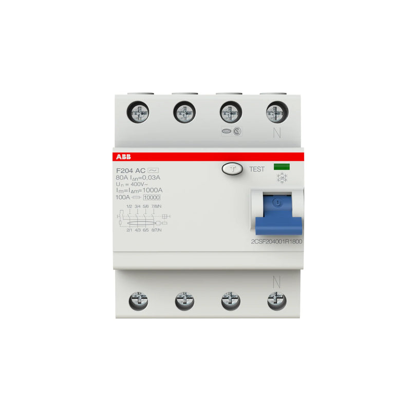 ABB F204 AC RCCB, 4-pole, 30 mA, Type AC, 40–63 A, for reliable earth leakage protection in residential and commercial systems.