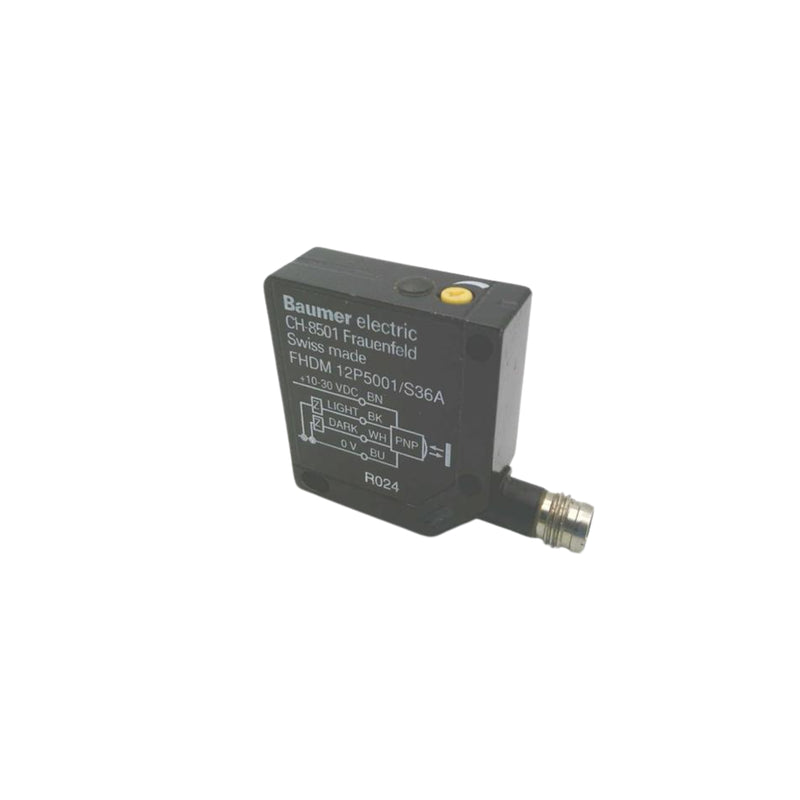 Baumer FHDM 12P5001/S36A diffuse photoelectric sensor with PNP output for industrial automation detection.