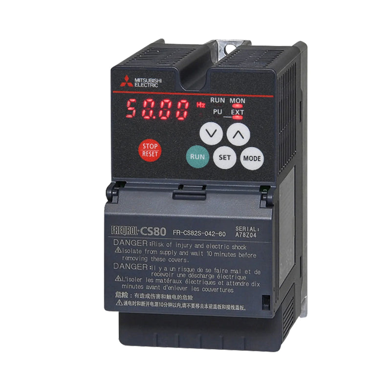 Compact Mitsubishi FR-CS82S-042-60 inverter, 0.75kW, single-phase input, 3-phase output, ideal for small automation.