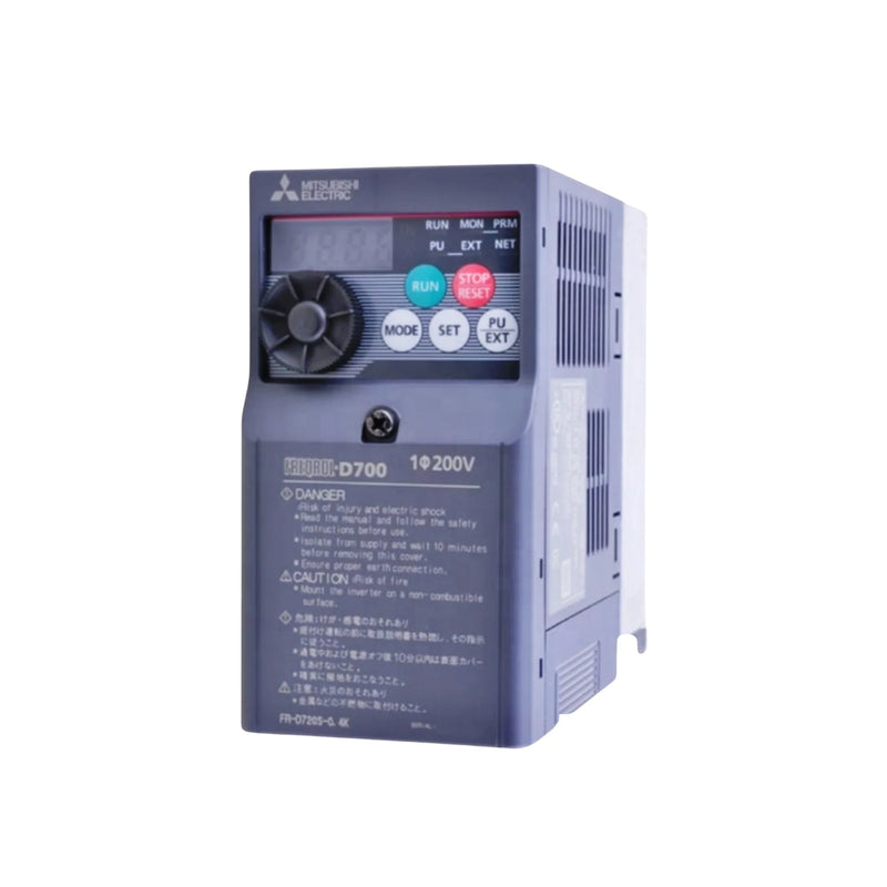 Compact Mitsubishi FR-D720S-0.4K-CHT inverter, 0.4kW, single-phase 200–240V, for efficient motor control.