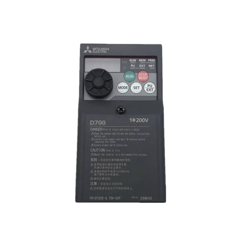 Mitsubishi FR-D720S-0.75K-CHT, 0.75kW, single-phase VFD, RS-485, compact design for efficient motor control.