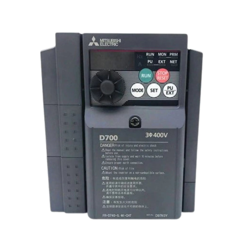 Mitsubishi FR-D740-0.4K-CHT VFD, 0.4kW, 3-phase 380–480V, compact drive for efficient motor control.