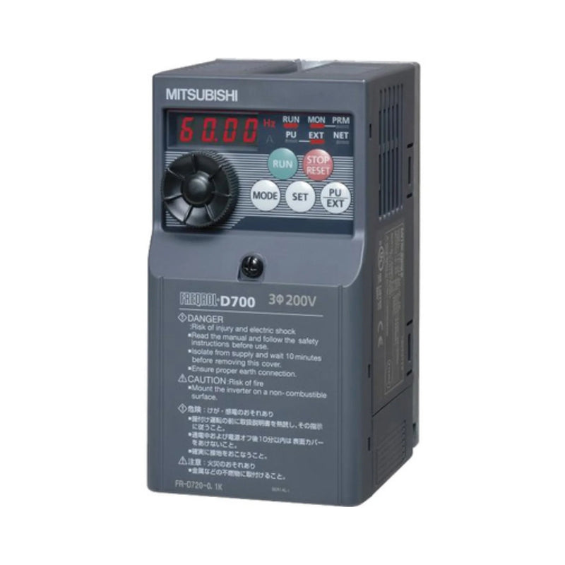 Compact 0.4kW Mitsubishi VFD for 3-phase systems from D700 Series, suitable for light-duty motor control.