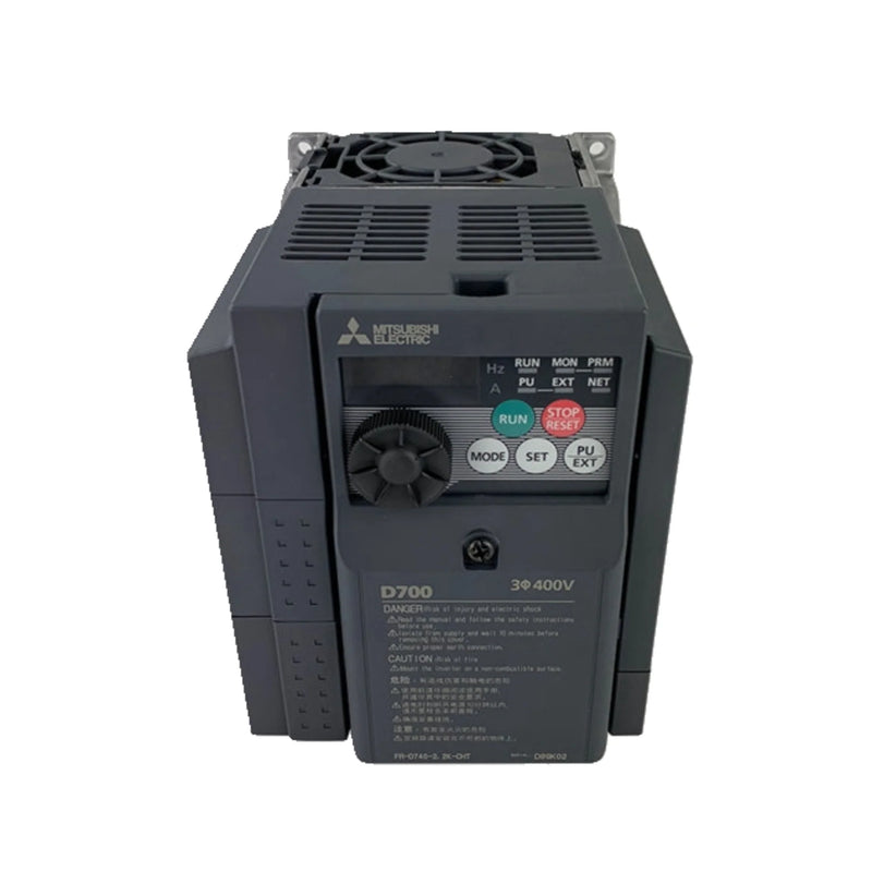 Mitsubishi FR-D740-2.2K-CHT drive, 2.2kW, 200V, D700 Series, compact design with sensorless vector control.