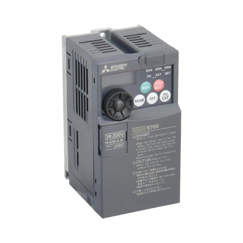 Compact Mitsubishi FR‑E720‑0.2K drive, 0.2 kW 200 V for three-phase motor control in industries.