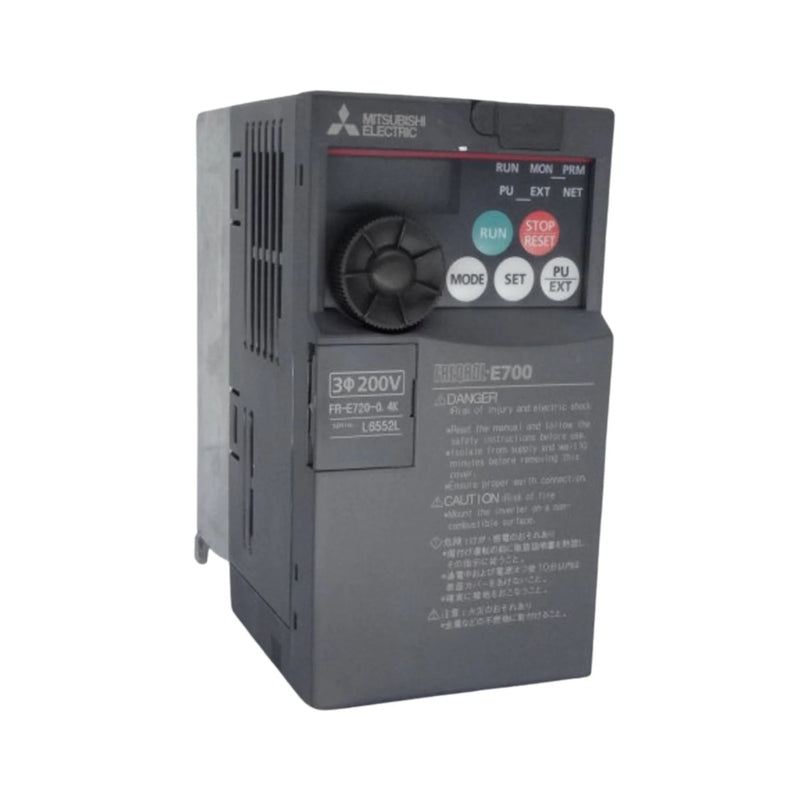 Mitsubishi frequency inverter, model FR-E720-0.4K, 0.4kW output, 200–240V power supply
