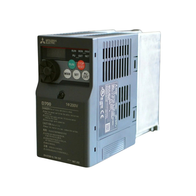 Compact Mitsubishi FR-E720S-0.75K VFD, 0.75 kW, single-phase input, ideal for small motor applications